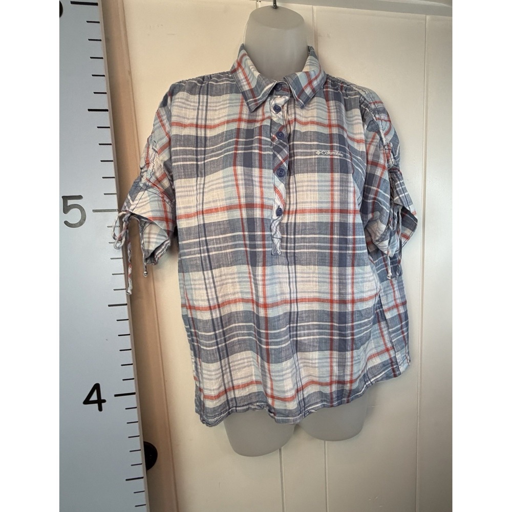 Columbia Shirt Women's Medium Blue Plaid Button Hiking Fishing Outdoor Camping